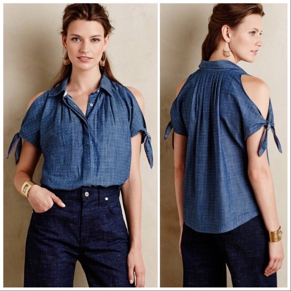 Anthropologie Tops - Anthro Holding Horses Split Chambray Polka Dot Top